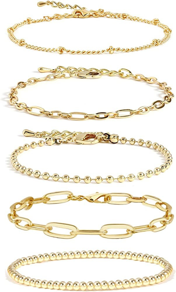 Gold Chain Bracelet Sets for Women Girls 14K Gold Plated Dainty Link Paperclip Bracelets Stake Adjus | Amazon (US)