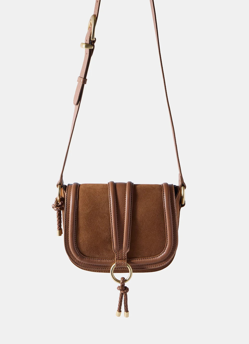 Harper Tan Suede Saddle Bag | Mint Velvet