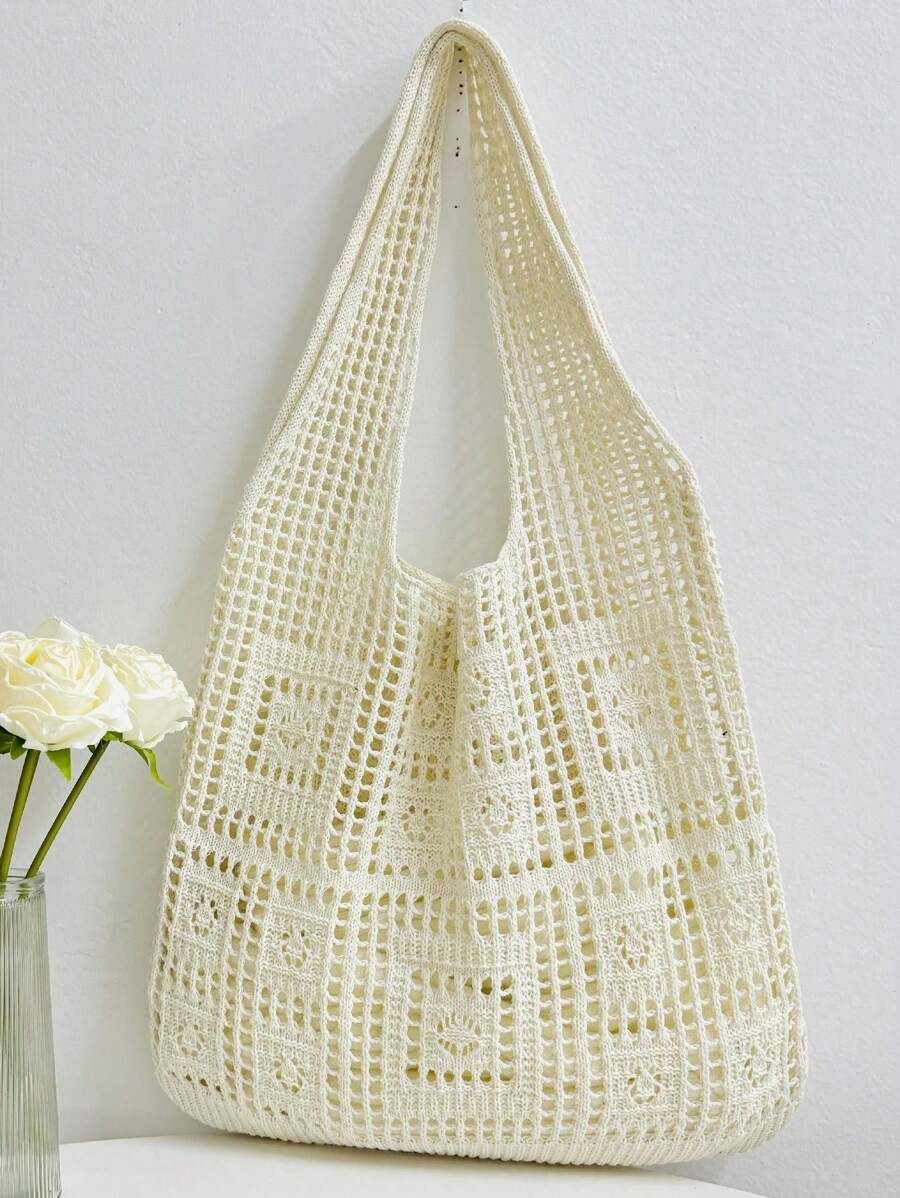 Vintage And Simple Hollow Knit Tote Bag, Fashion Women's Shoulder Bag/Beach Bag, Crochet Woven Ba... | SHEIN