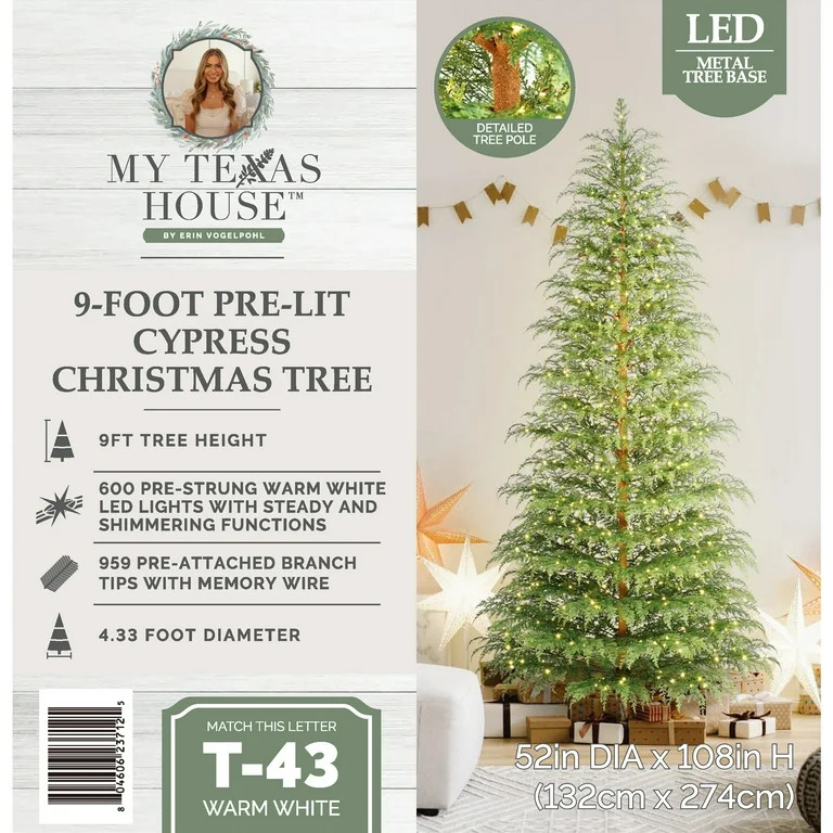 9' Pre-Lit Green Cypress Artificial Christmas Tree with 600 Warm White Twinkle LED Lights, by My ... | Walmart (US)