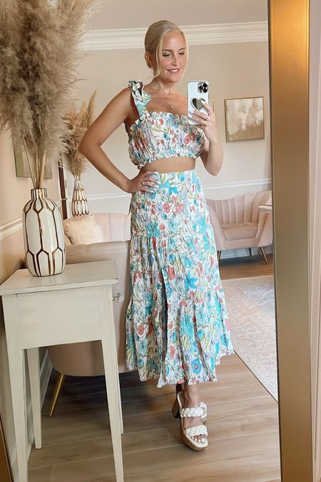 Such a pretty midi skirt set! Love the floral print for summer!! Also these braided platform sandals are so adorable. They are faux leather but still so comfy.

#LTKstyletip #LTKSeasonal #LTKunder50