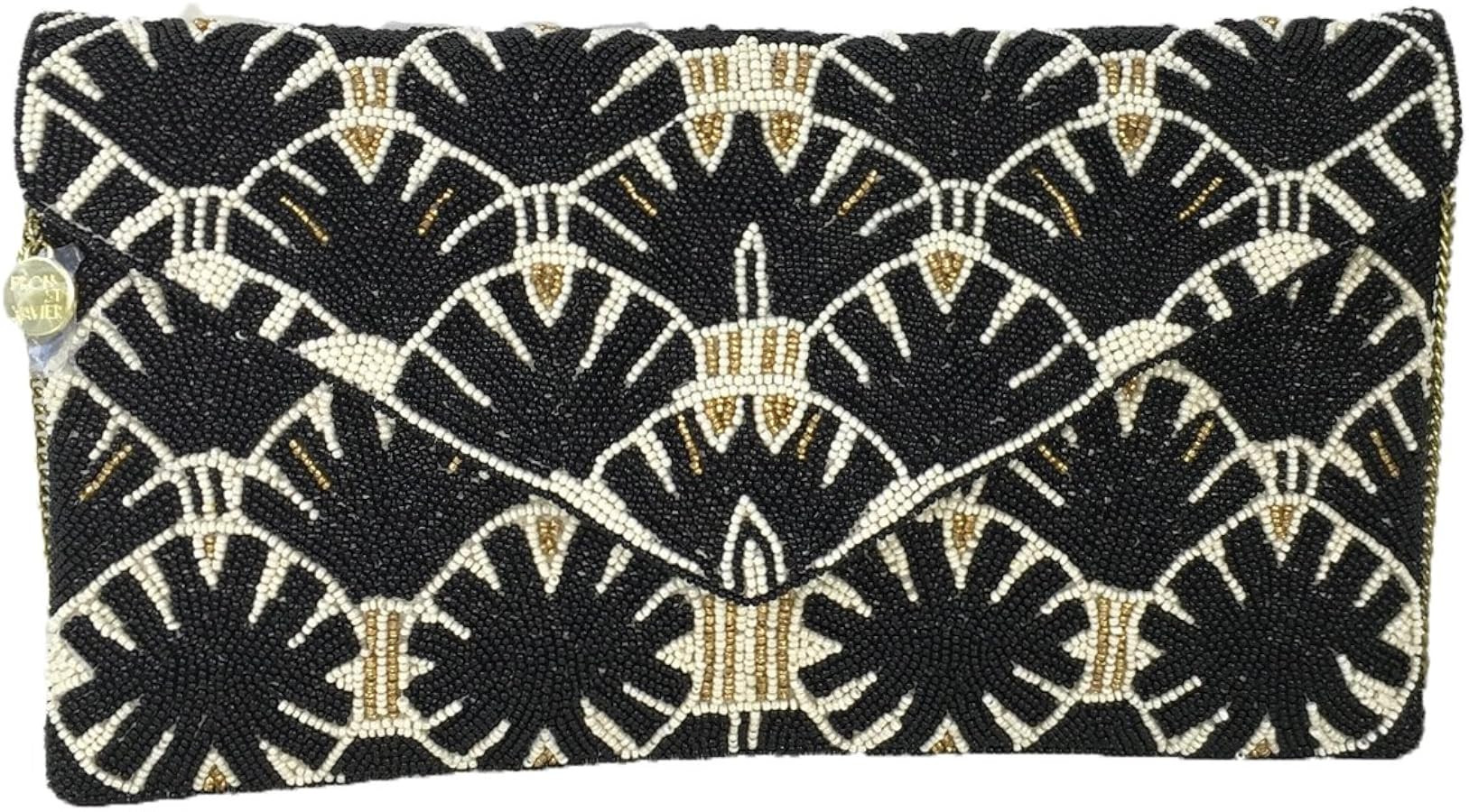 Whittaker Black Cream Beaded Convertible Clutch, Envelope Handbag with Removable Chain Strap, Eve... | Amazon (US)