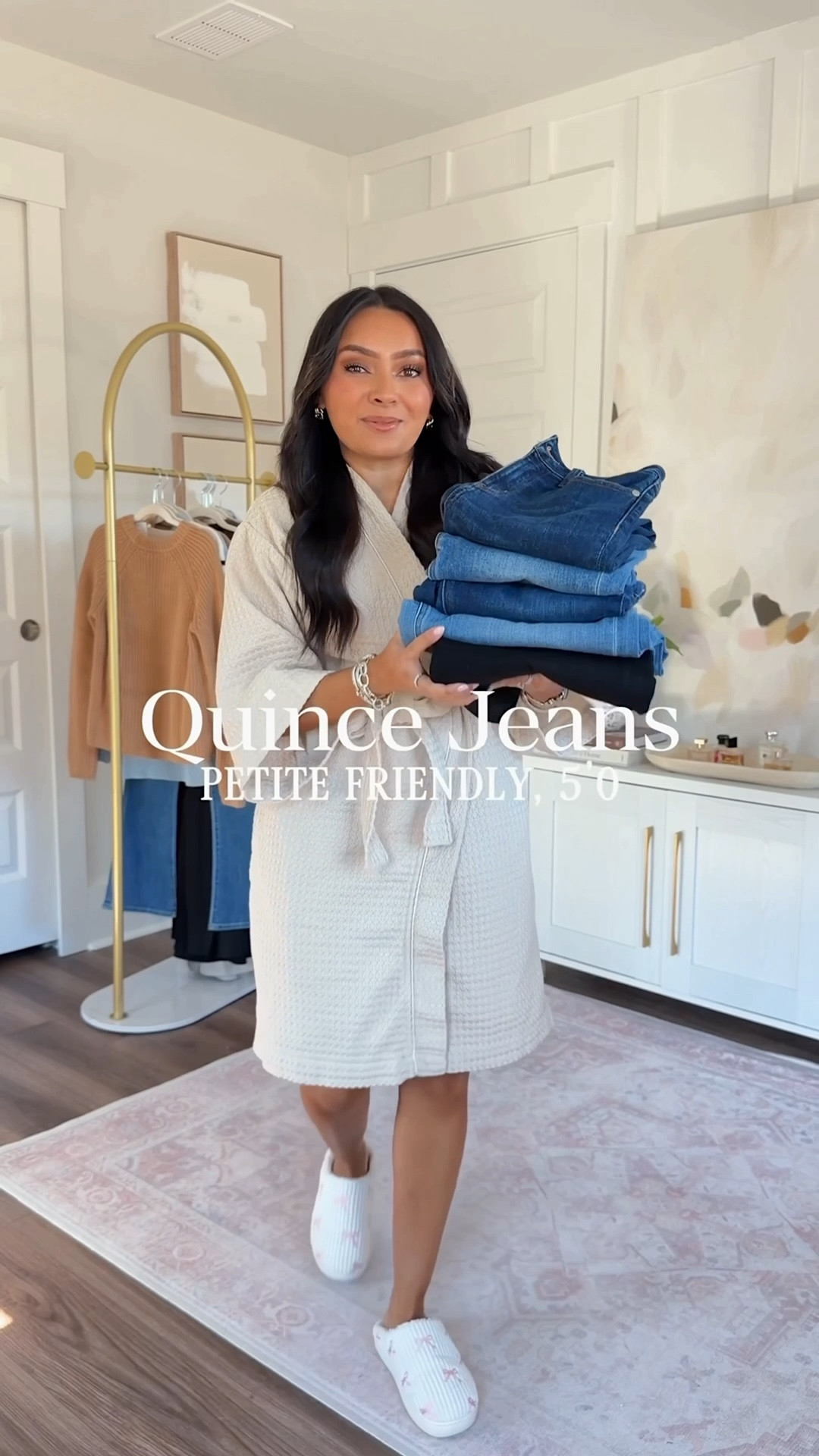 Quince jeans on my petite frame!
For reference: I’m 5’0, 32b bra size, and 2/26 in bottoms, pear shaped. 
*Everything I share is unaltered! TTS means true to size. Between size 5-6.5 in shoes

Luna stretch wide leg jeans in seaside blue wash size 26 TTS (these are a 28” inseam)
Bella stretch kick flare jeans in medium wash size 26, 26” inseam TTS
Luna Stretch slim straight jeans in midnight blue wash size 26, 26” inseam TTS
Luna Stretch flare jeans in midnight blue wash size 26, 30” inseam TTS
Bella stretch patch pocket wide leg jeans size 26, 26” inseam - I have a little room in the waist

Sweaters size xs TTS
Brown leather boots size 5.5 TTS
Sneakers size 6 TTS - identical ones are linked but the color i’m wearing is old 




#LTKSaleAlert #LTKootd #LTKPetite