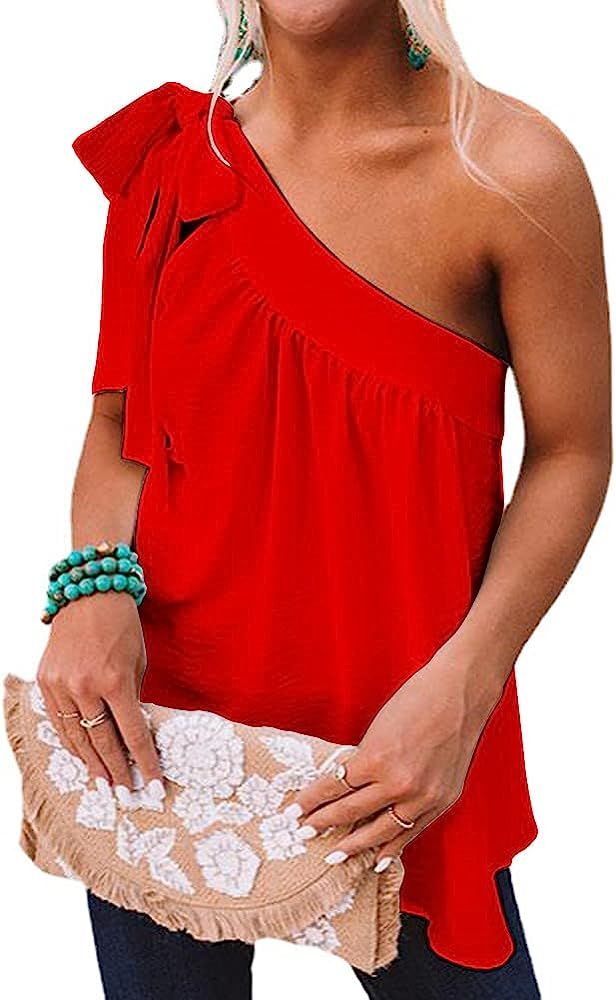 Guteidee Women's One Shoulder Tops Casual Tie Bow Knot Sleeveless Blouse Tunic Shirts Red Large | Amazon (US)
