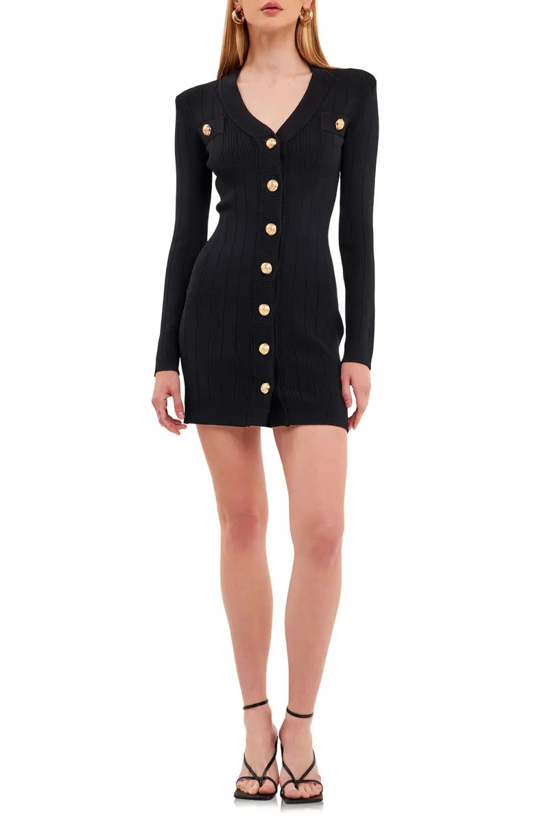 Padded Shoulder Long Sleeve Button-Up Sweater Minidress | Nordstrom