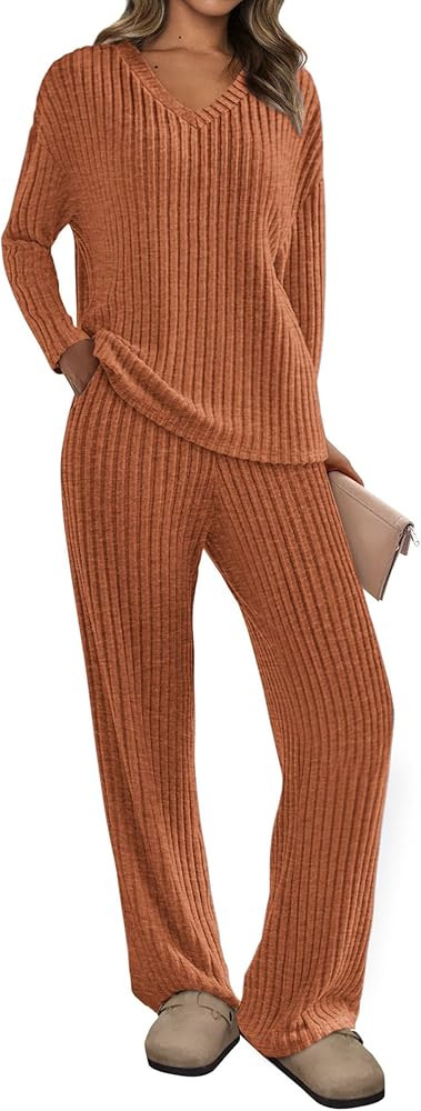 PRETTYGARDEN 2 Piece Sets for Women Fall 2025 Soft Comfy Lounge Long Sleeve Pajamas Set Knit Post... | Amazon (US)