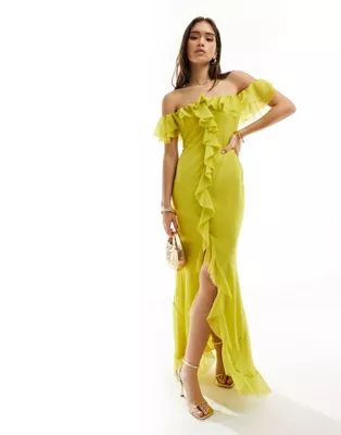 ASOS DESIGN frill bardot bias cut maxi dress in lime green | ASOS | ASOS (Global)