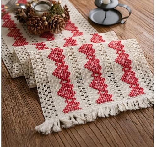Alynsehom Macrame Table Runner Beige and Red Heart Table Runners with Tassels Hand Woven Cotton Table Runner Rustic Farmhouse Table Runners for Valentine's Day Bohemian Kitchen Dining Table(12x71in) | Amazon (US)