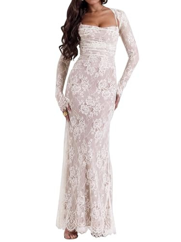 White Lace Cocktail Dress, Women Cami Maxi Dress Romantic Long Sleeve Lace Bodycon Dresses Elegant L | Amazon (US)