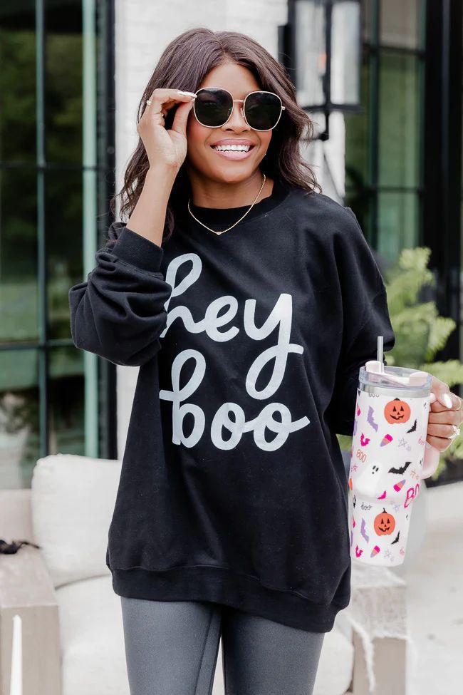 Hey Boo Black oversized Graphic Sweatshirt | Pink Lily