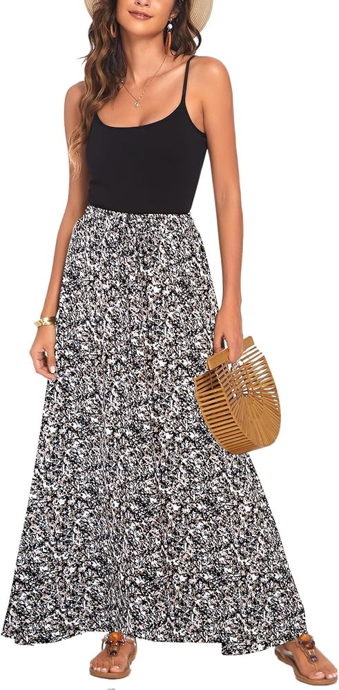 Bluetime Women Flowy Long Skirts Summer Beach Pleated Elastic High Waisted Casual Maxi Skirts | Amazon (US)