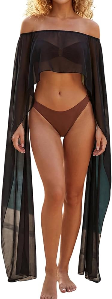 Mesh Sheer Off Shoulder Scarf Shawls and Wraps for Women Chiffon Capes Wedding Sarong Cover Ups | Amazon (US)
