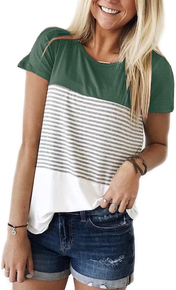 YunJey Round Neck Triple Color Block Stripe T-Shirt | Amazon (US)