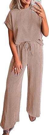 KIRUNDO 2 Piece Sets for Women Dressy Casual Ribbed Knit Short Sleeve Tops Wide Leg Pants Lounge ... | Amazon (US)
