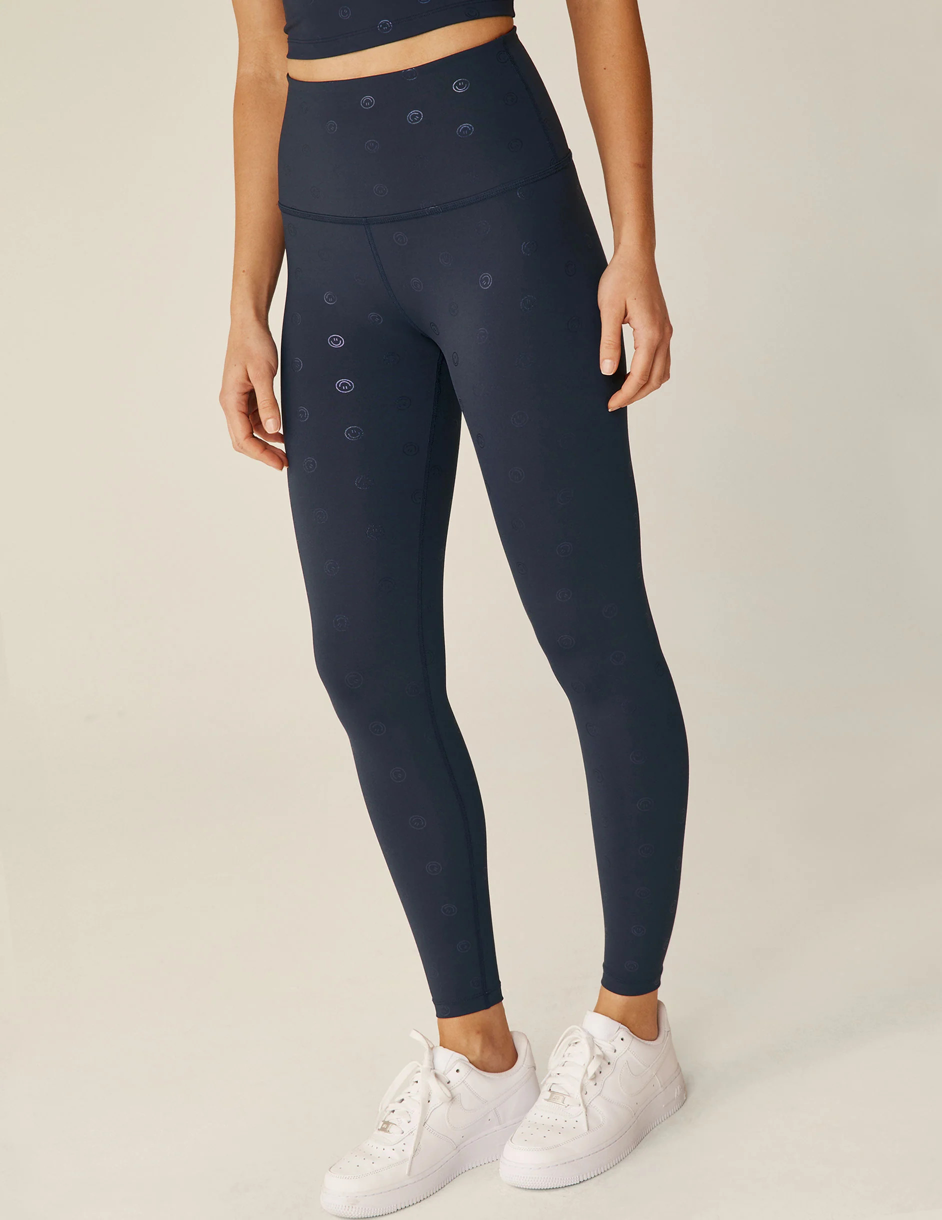 Navy Happy Face PowerShine High Waisted Midi Legging | Beyond Yoga | Beyond Yoga
