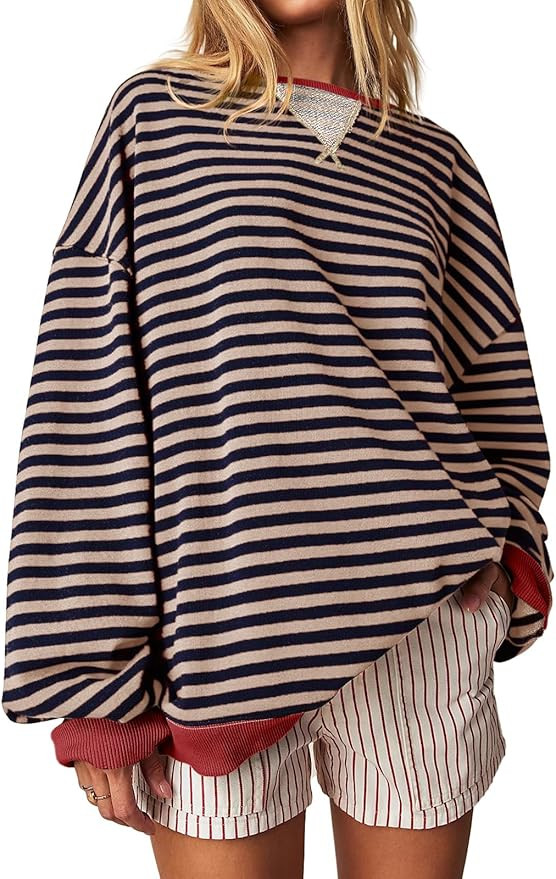 Fisoew Womens Striped Oversized Sweatshirt Color Block Crew Neck Long Sleeve Shirt Casual Loose P... | Amazon (US)