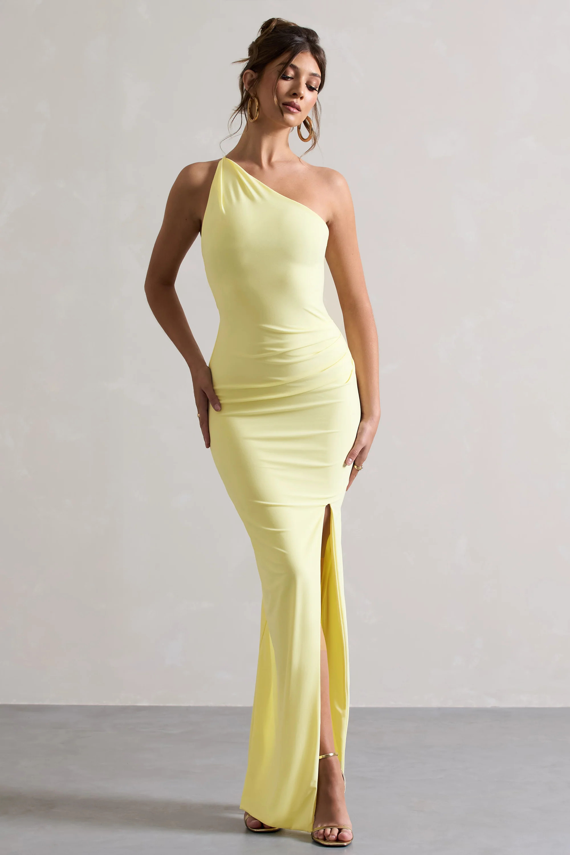 Dressing Up | Lemon One Shoulder Maxi Dress With Open Back Detail | Club L London