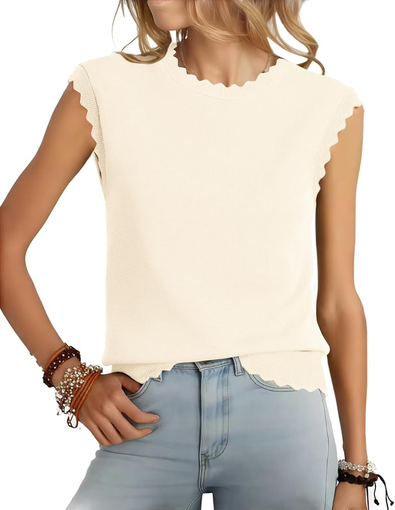 Womens Sleeveless Sweater Vest 2026 Spring Summer Crew Neck Knit Tops Business Casual Cute Scallo... | Amazon (US)