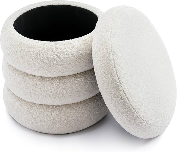 Boucle Ottoman with Storage Off White, Small Round Footrest Stool with Removable Lid, Upholstered... | Amazon (US)