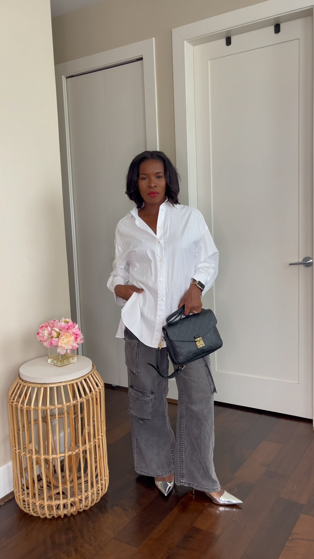 Pair a white button down and cargo pants with a silver heel. 

#whiteshirt #oversizewhiteshirt

#LTKStyleTip #LTKOver40 #LTKWorkwear