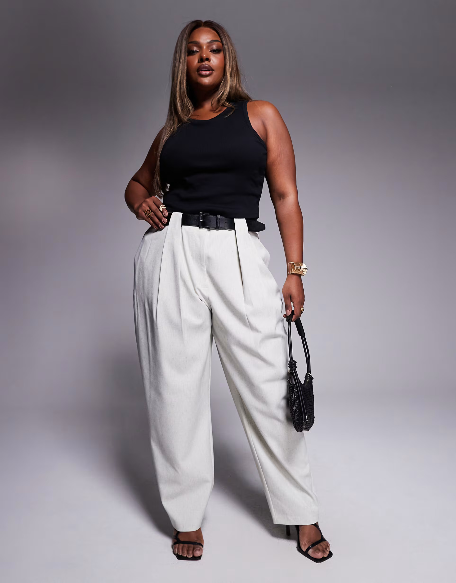 ASOS DESIGN Curve tailored textured barrel leg trousers with belt in cream | ASOS (Global)