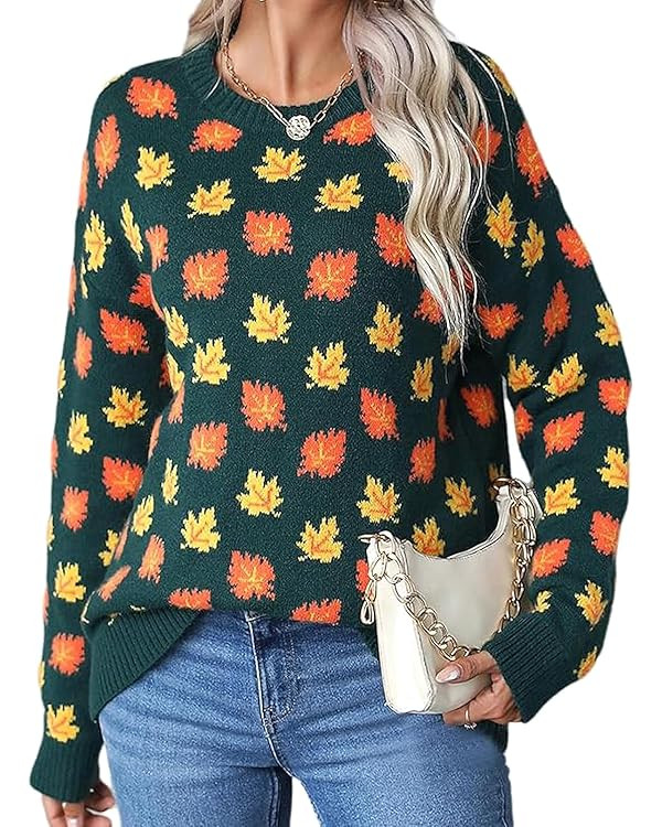 Chvity Women's Fall Leaf Trendy Jacquard Sweater Casual Knitted Soft Cozy Pullover Sweaters | Amazon (US)