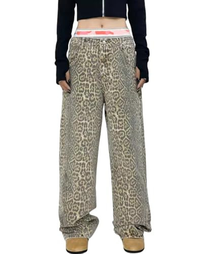 COOLMONAR Women's Y2K Leopard Print Jeans Chic Street Style Wide Leg Denim Pants Retro Hip Hop Loose Trouser | Amazon (US)