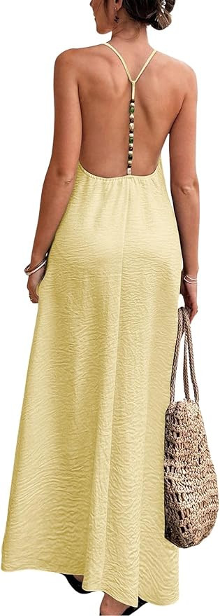 Verdusa Women's Backless Cami Dresses Linen Maxi Dress Open Back Vacation Boho Summer Outfits | Amazon (US)