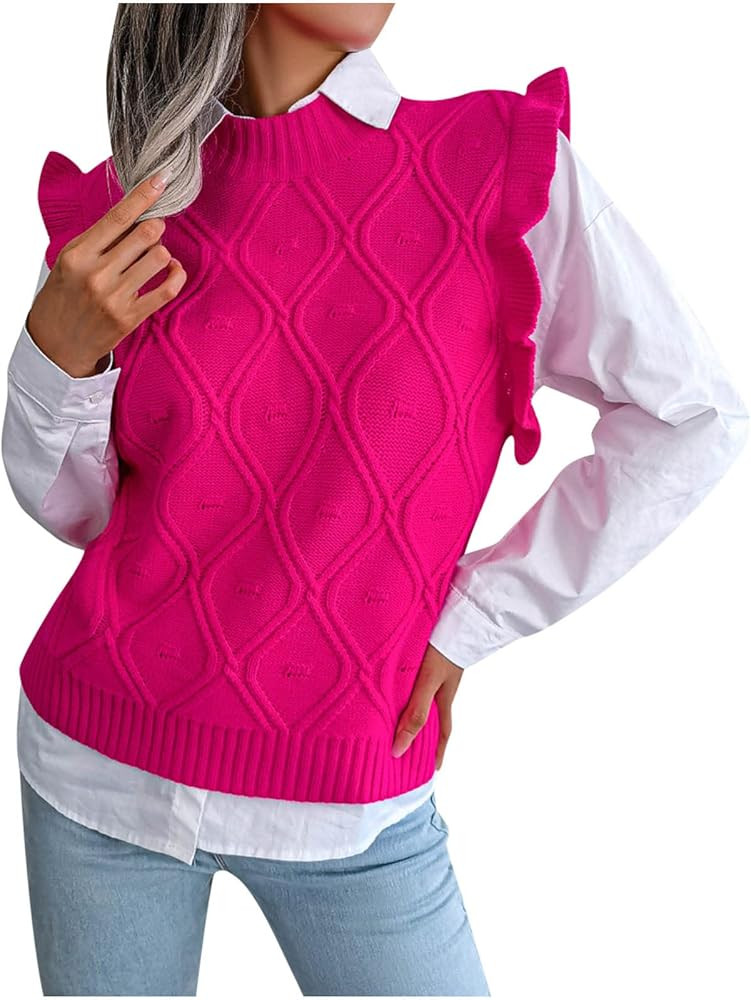 XUNRYAN Women Cute Sweaters Vest Cable Knit Sweater Pullover Ruffle Sleeveless Fall Winter Shirts... | Amazon (US)