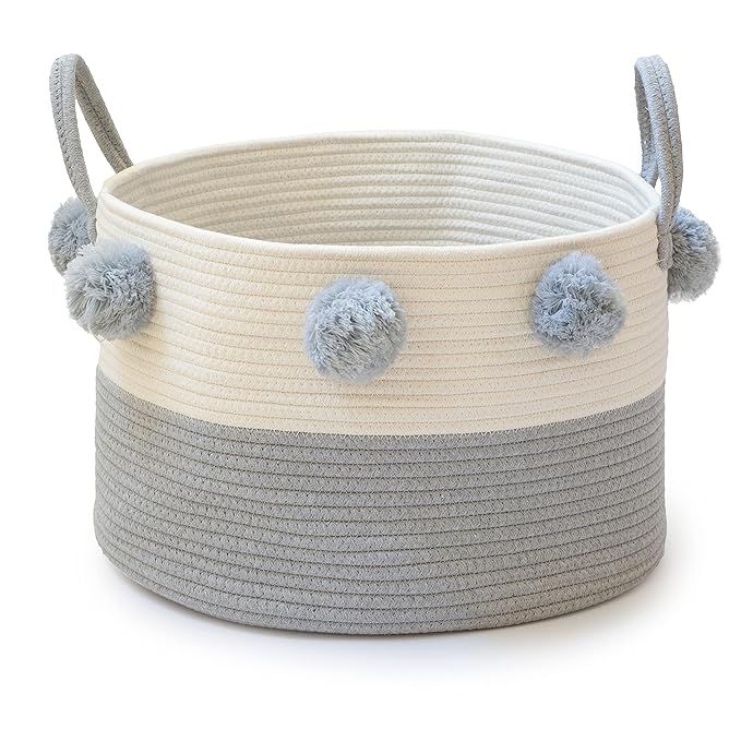 CACTUS & BERRY Pom-Pom Cotton Woven Basket, Laundry Hamper, Toy Storage for Nursery, Decorative B... | Amazon (US)