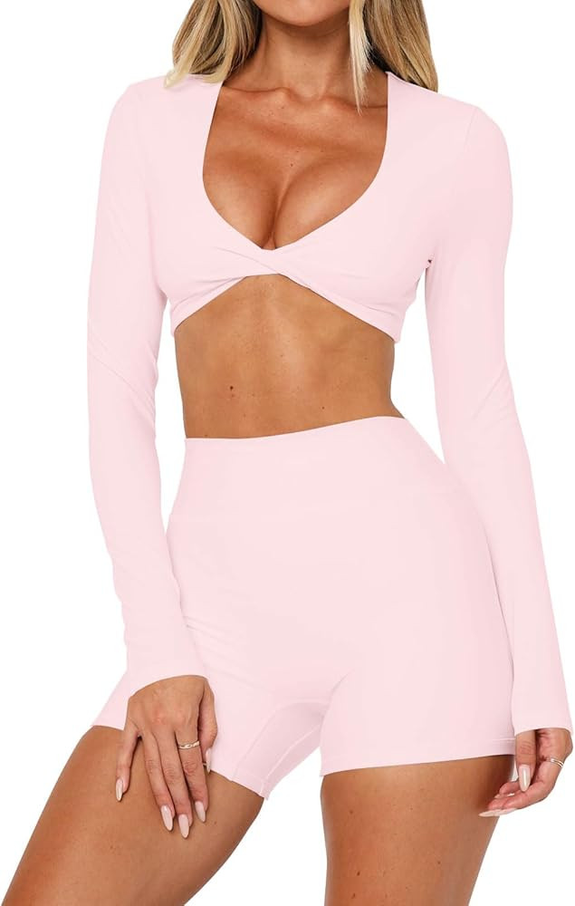 INFITTY Womens Long Sleeve Crop Workout Tops Double Lined Twist Deep V Neck T Shirts Yoga Athleti... | Amazon (US)