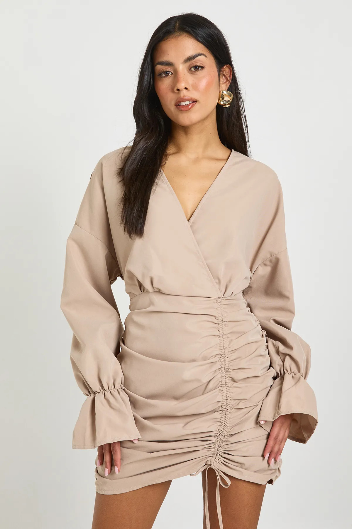 Cotton Ruched Wrap Shirt Dress | boohoo (US & Canada)