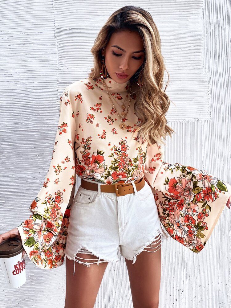 Tie Back Bell Sleeve Floral Blouse | SHEIN