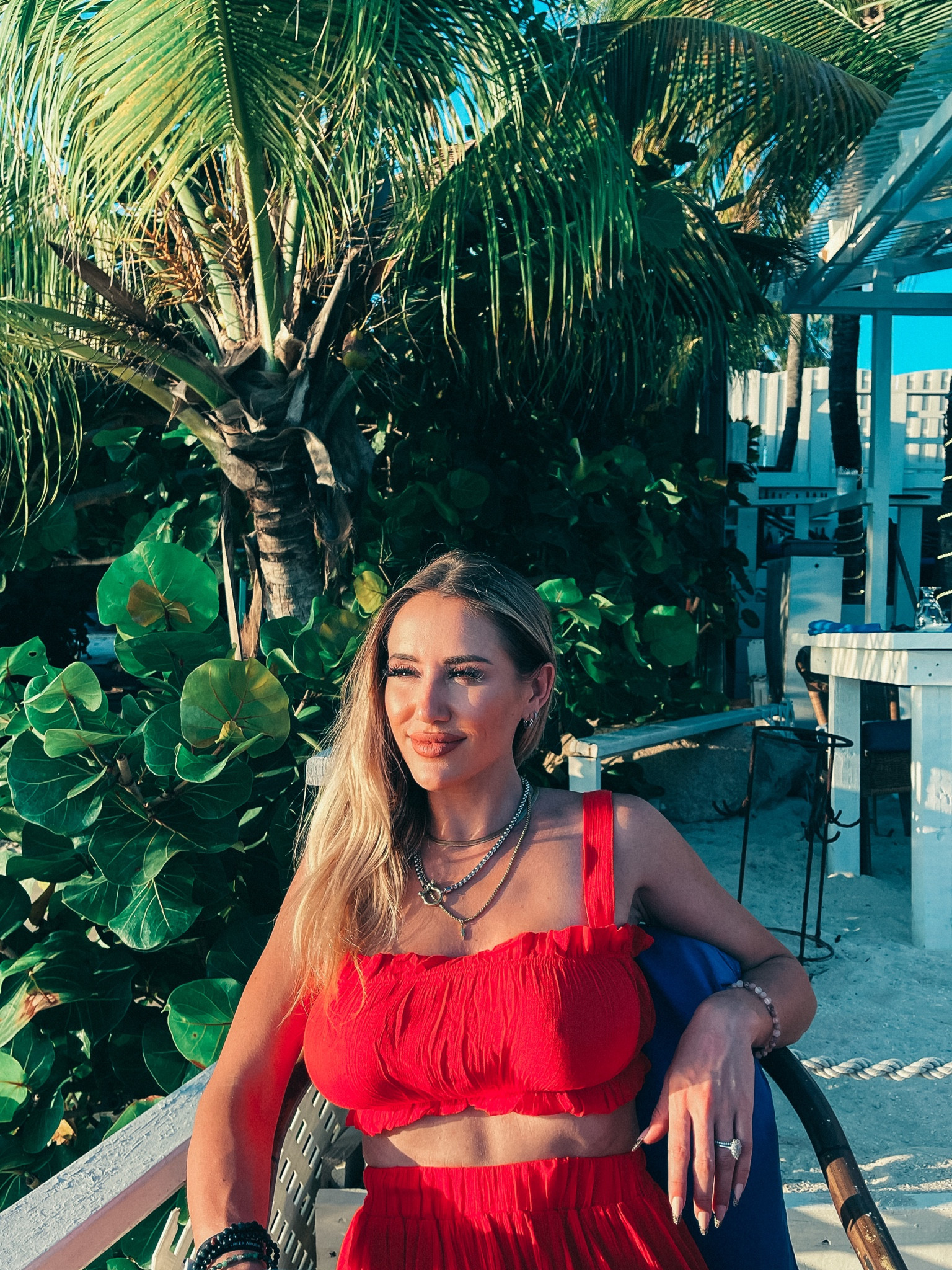 Wearing size XS in this two piece skirt set that is on sale for only $18 😍 Perfect vacation resort outfit. Paired with a layered stack necklace and Huggies earrings 

#LTKunder50 #LTKsalealert #LTKtravel