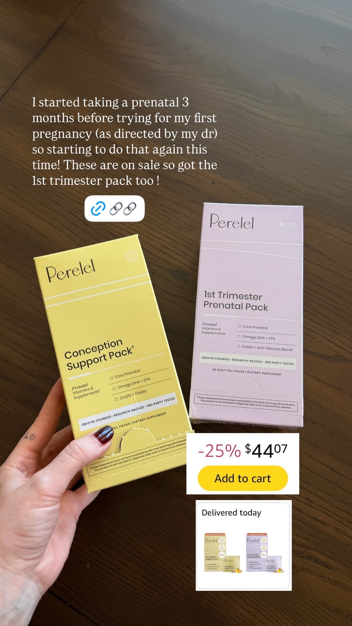 I started taking a prenatal 3 months before trying for my first pregnancy (as directed by my dr) so starting to do that again this time! These are on sale so got the 1st trimester pack too ! @perelelhealth