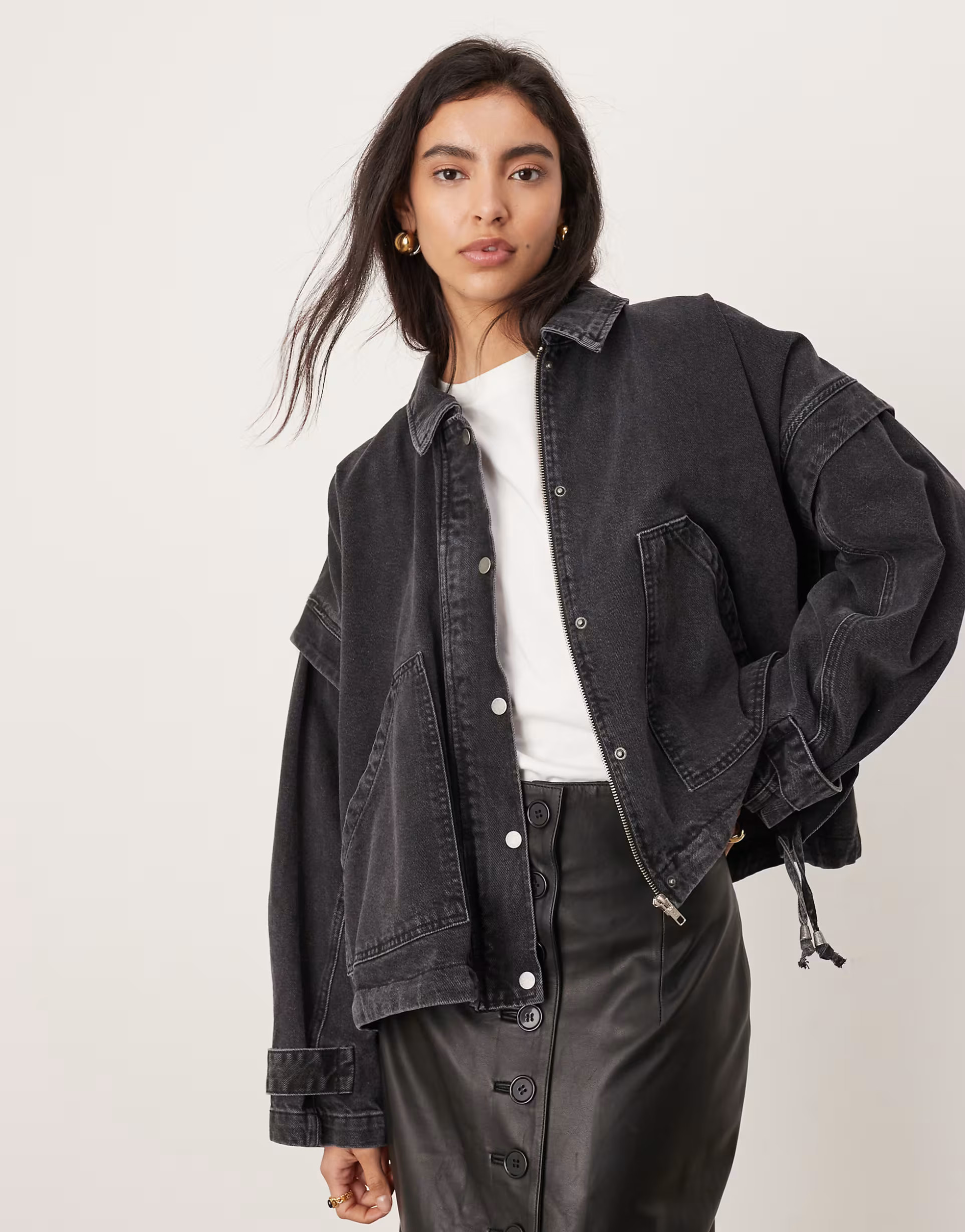ASOS EDITION denim bomber jacket with tab sleeve detail in washed black | ASOS (Global)