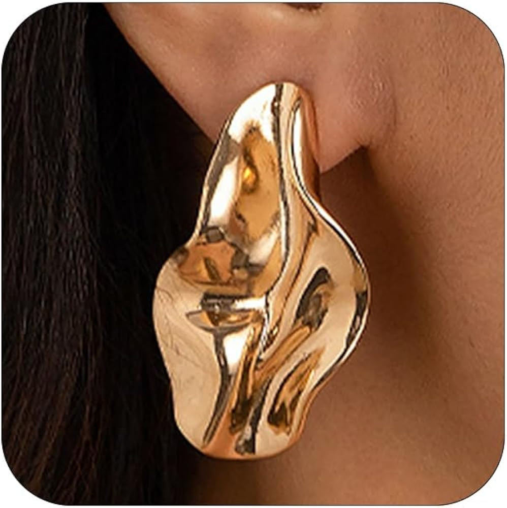 Statement Gold Chunky Earrings Silver Irregular Geometric Stud for Women | Amazon (US)