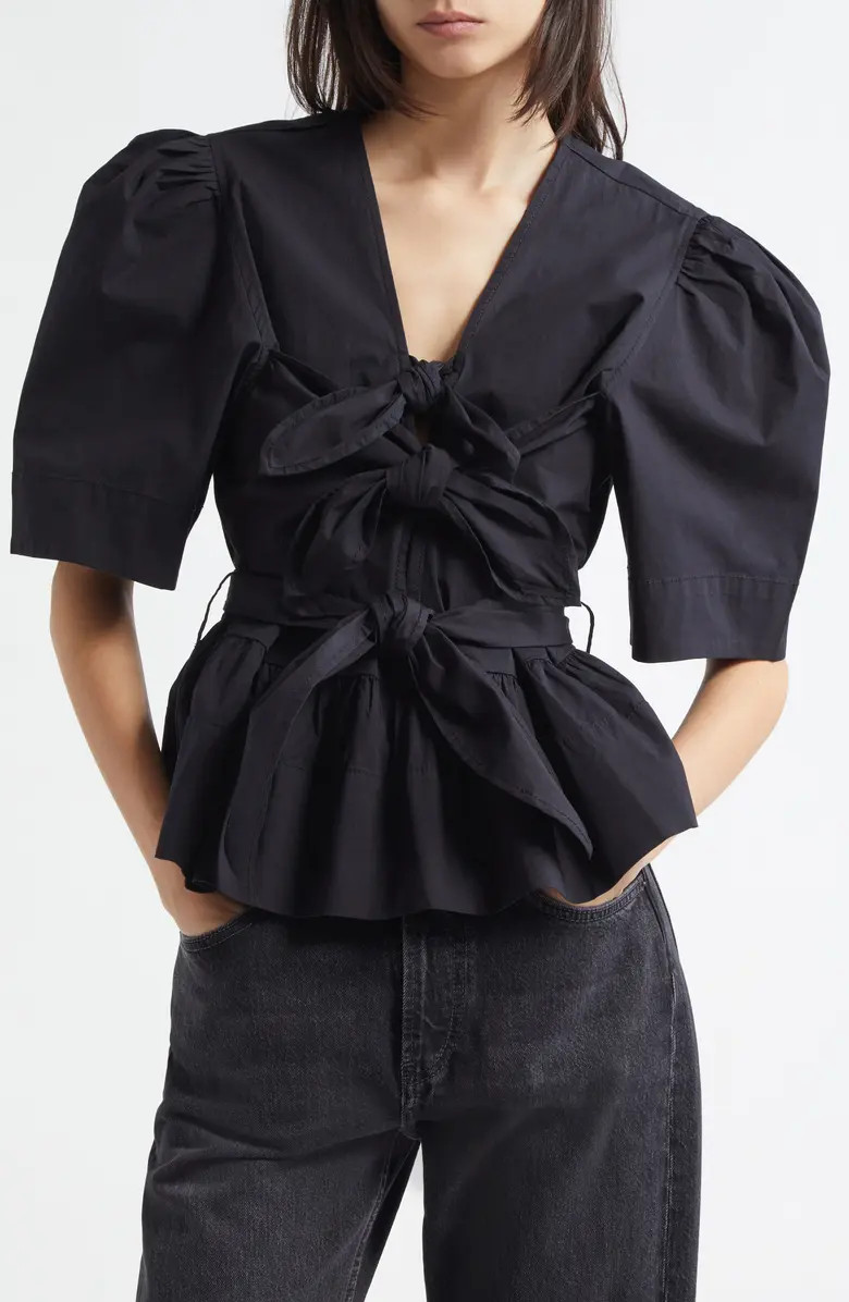 Ganni Bow Front Puff Sleeve Organic Cotton Poplin Top | Nordstrom | Nordstrom