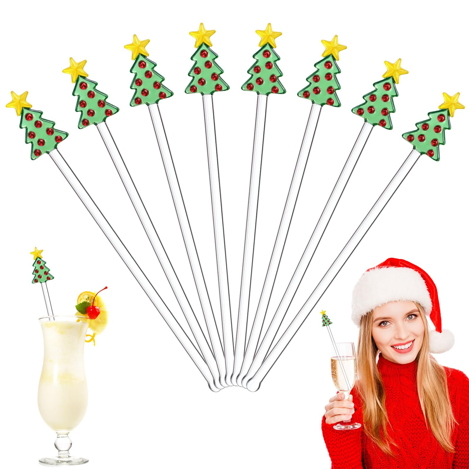 Pickmesh 8 Pcs Christmas Drink Stirrers Glass Christmas Tree Cocktail Stirrers Reusable Stir Swiz... | Amazon (US)