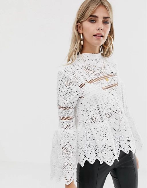 Boohoo Crochet Lace Peplum Bell Sleeve Top | ASOS US