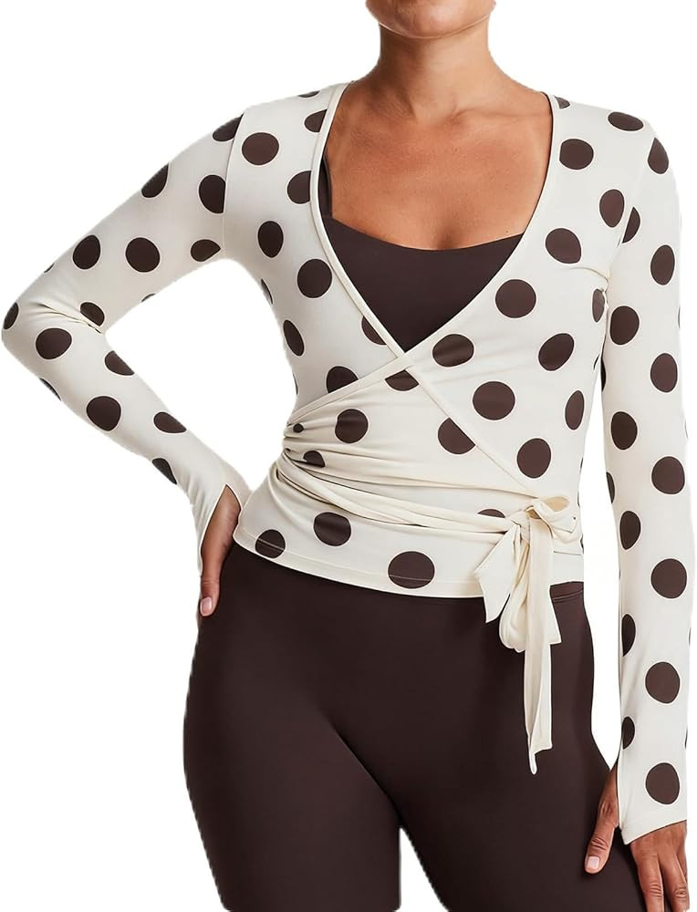 Women Cross Wrap Top Polka Dot Long Sleeve Deep V Neck Tie Workout Ballet Blouse Pilates Yoga Shi... | Amazon (US)