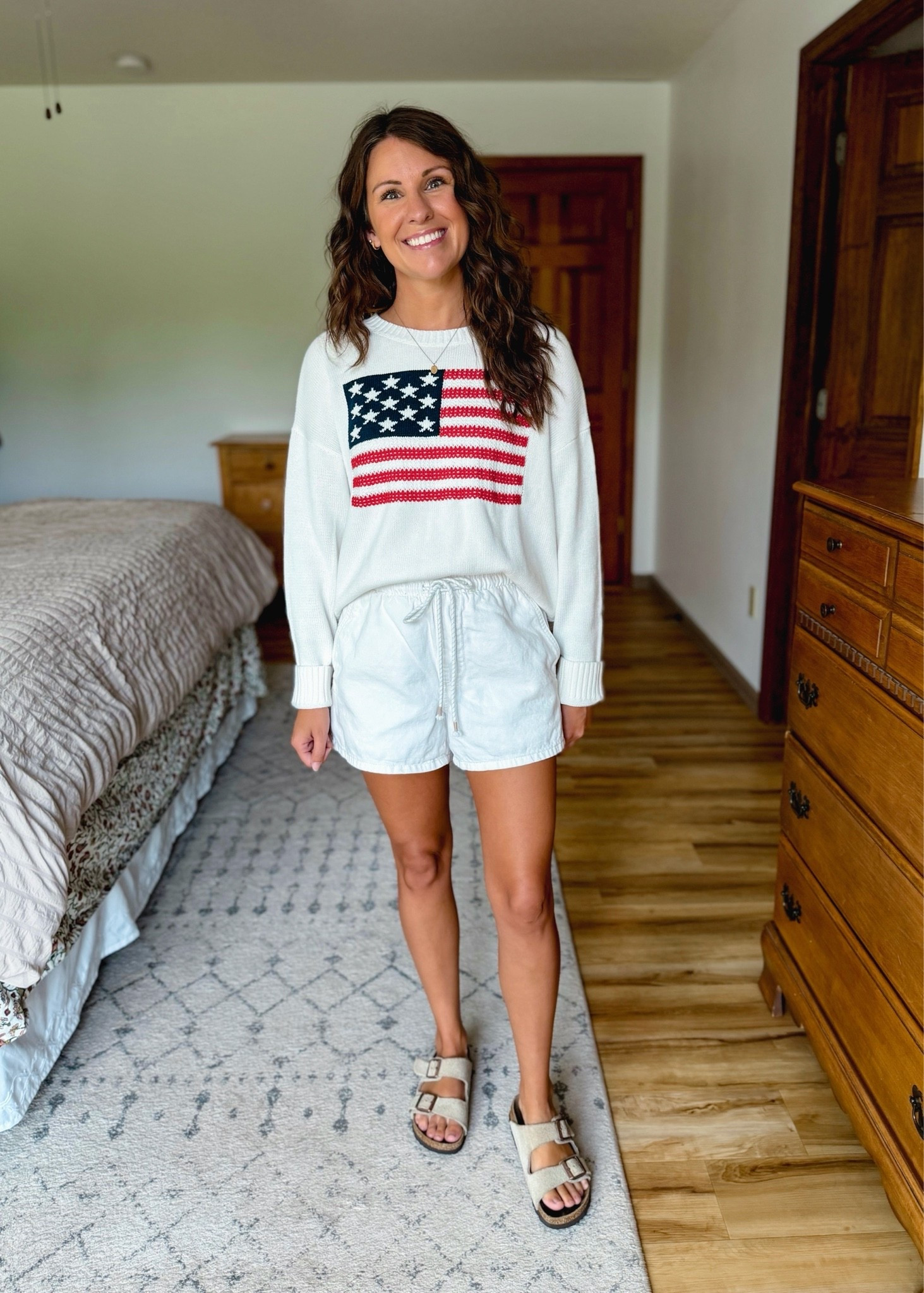 wearing xs in these white cotton/linen blend shorts. Loose and comfy and cute🤍🙌🏽 (they also come in a blue denim)

small in my cotton flag sweater (100% cotton and a nice cropped length). My suede Birkenstock sandals are size 36.

#LTKPetite #LTKgrwm #LTKootd