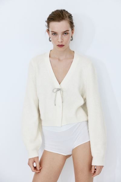 Rhinestone-bow cardigan - Cream - Ladies | H&M GB | H&M (UK, MY, IN, SG, PH, TW, HK)
