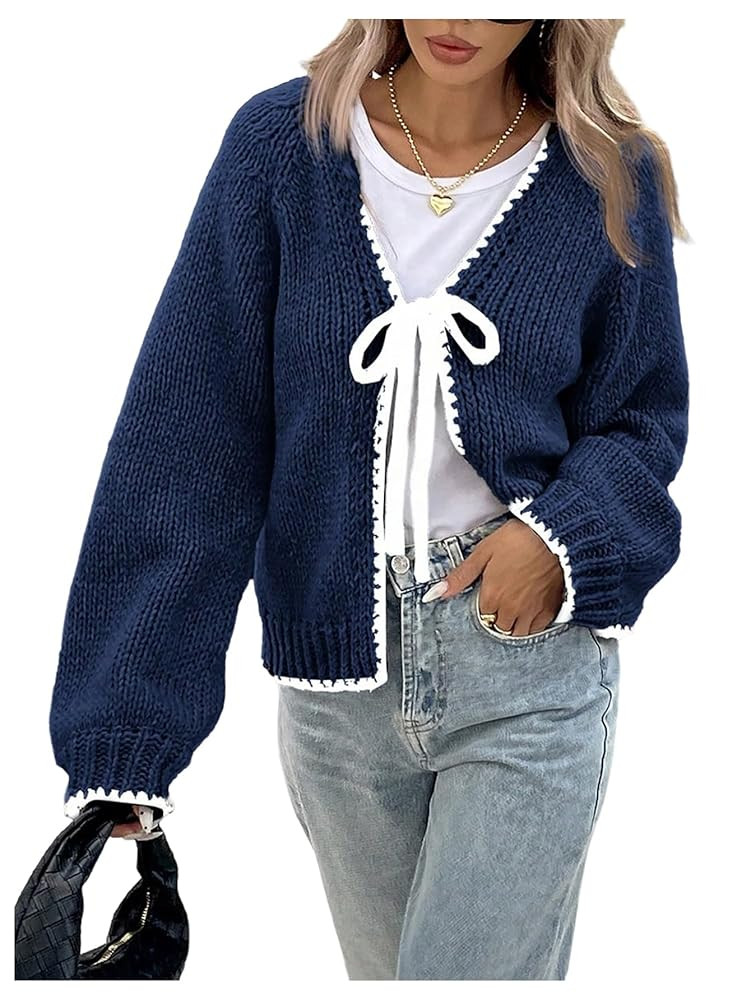 Milumia Women's Tie Front Bow Cardigan Contrast Binding V Neck Long Sleeve Knitted Sweaters | Amazon (US)