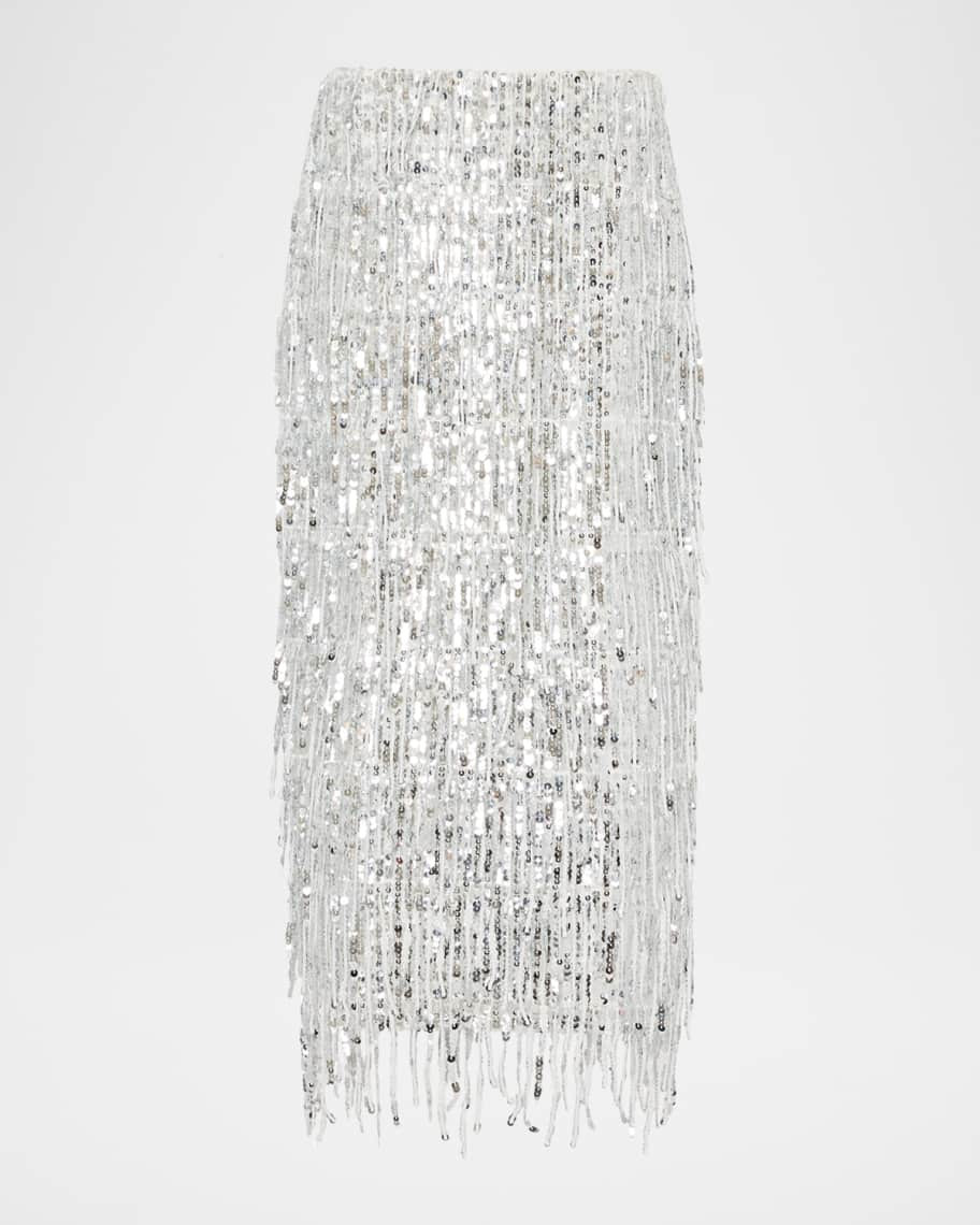 Milly Roxanne Fringe Sequin Midi Skirt | Neiman Marcus