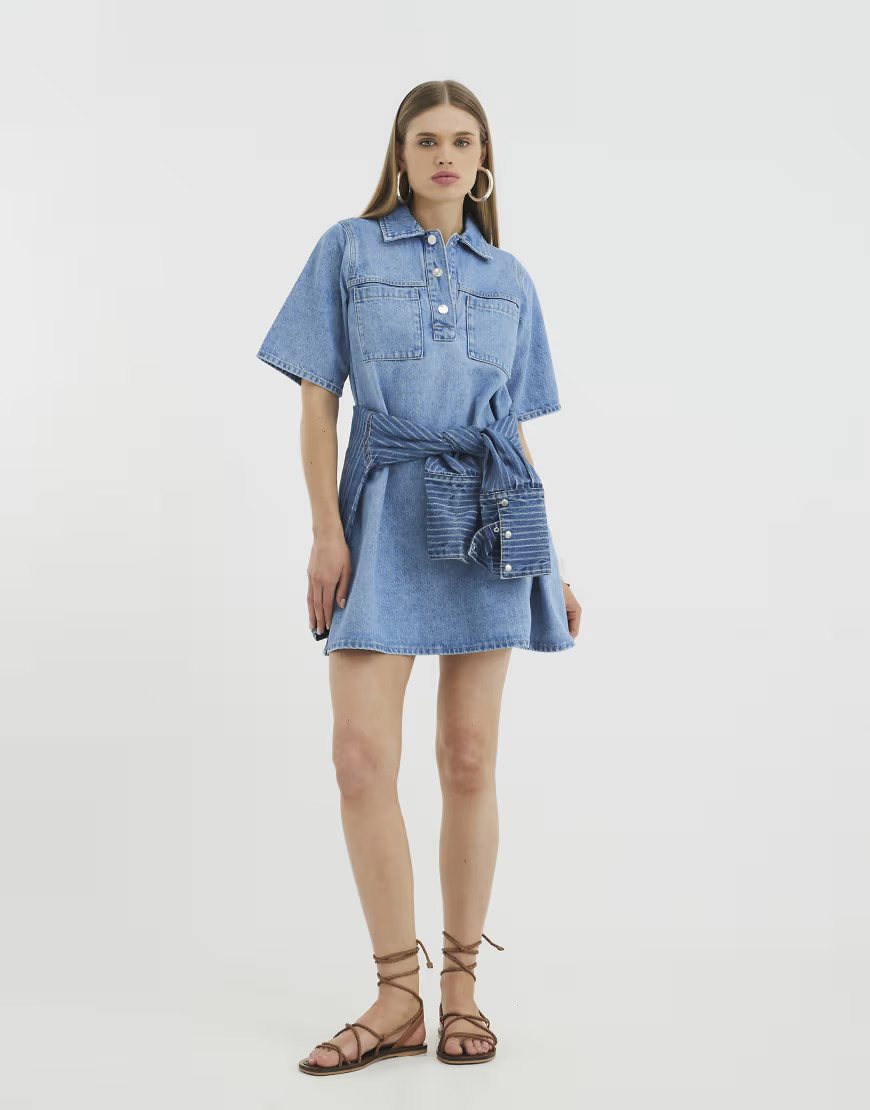 River Island Short sleeve denim collared shirt dress in denim - light-Blue | ASOS (Global)