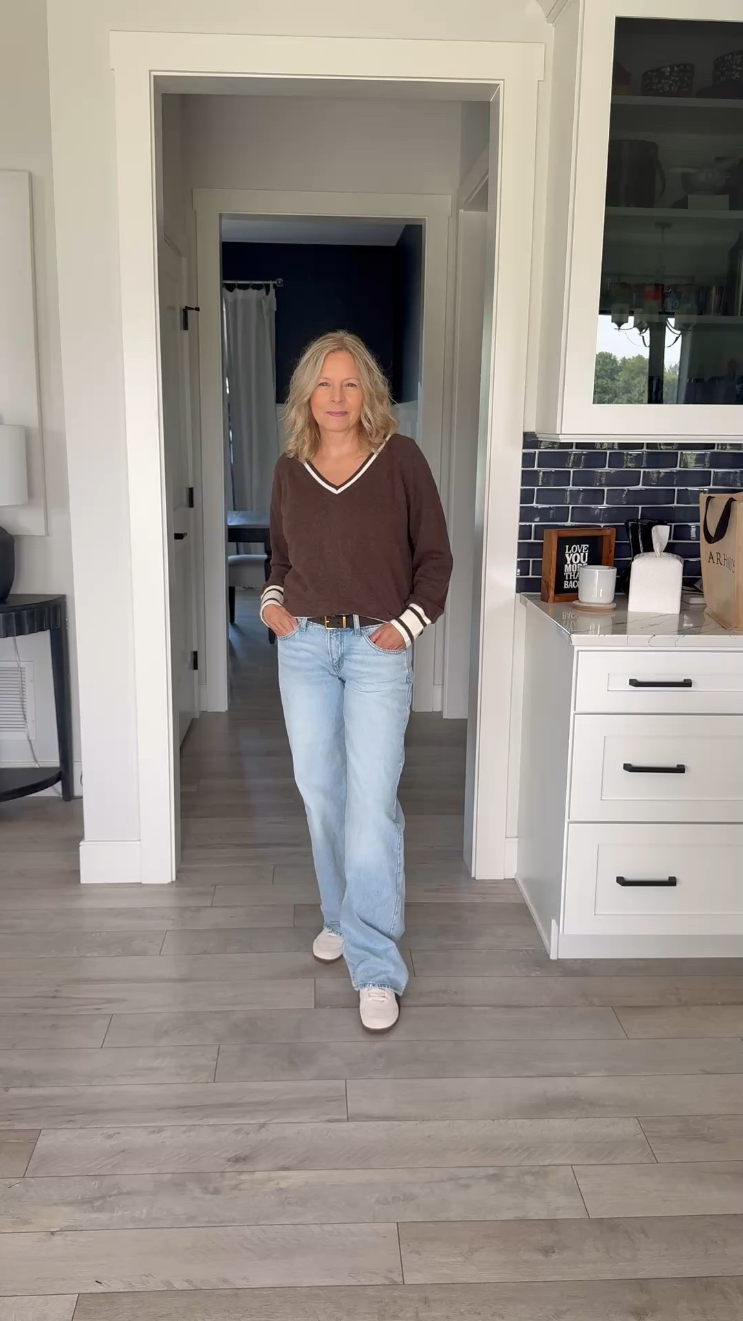 Sweater fits tts, wearing a small.  
Levi’s wide leg jeans fit tts, wearing a 4
Sneakers are snug. Sized up to 8.5. They were still a little snug but have loosened up. This whole outfit is super casual and comfy. Don’t forget to follow/like/subscribe! #fallfashion #ootd #whattowear #outfitideas #jeans 

#LTKFindsUnder100 #LTKStyleTip #LTKOver40