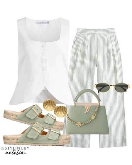 White linen vest, green stripe tailored trousers, green espadrille sandals, gold earrings & celine sunglasses.
Summer outfit, smart casual, casual chic.

#LTKcurves #LTKstyletip #LTKsummer