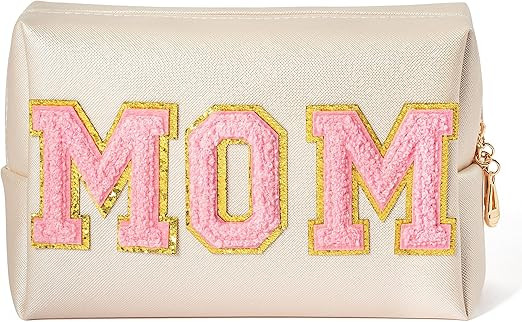 Y1tvei Preppy Patch MOM Varsity Letter Cosmetic Toiletry Bag PU Leather Portable Waterproof Makeu... | Amazon (CA)