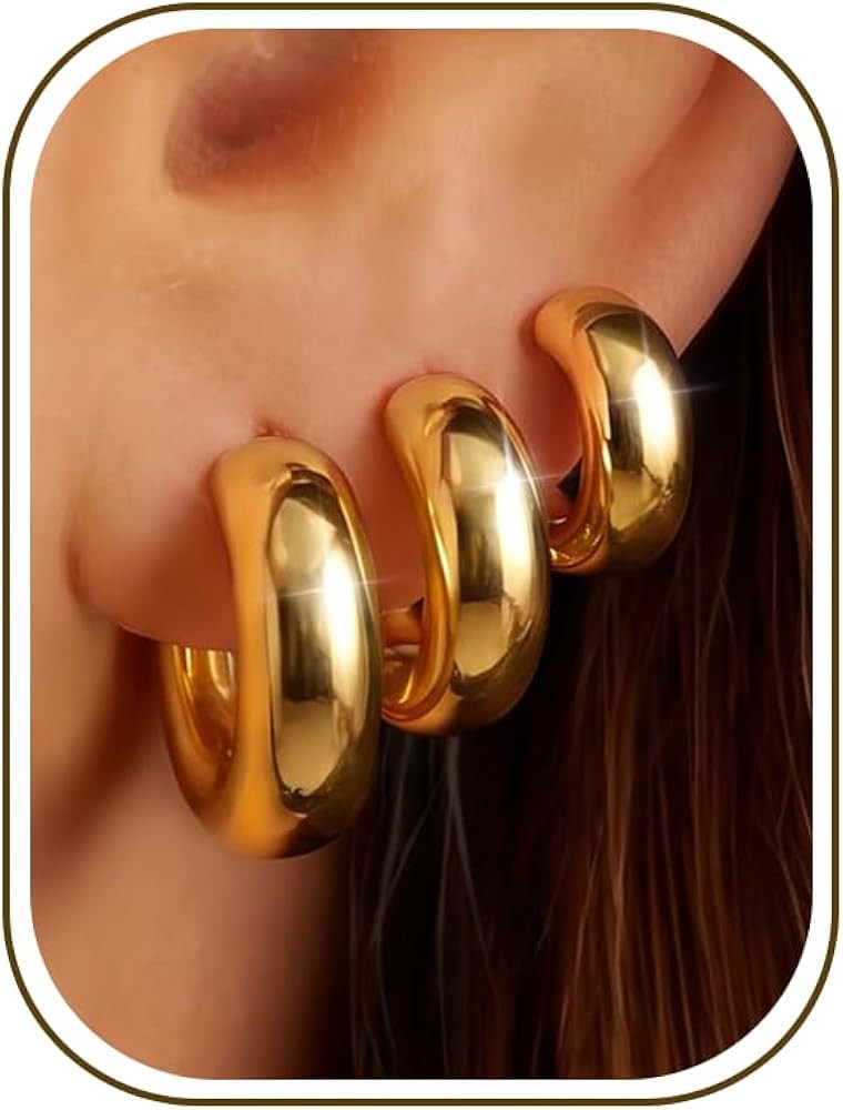5mm Chunky Hoop Earrings Set, 3 Pairs Durable Bold Small Gold Hoop Earrings, Hypoallergenic 925 S... | Amazon (US)